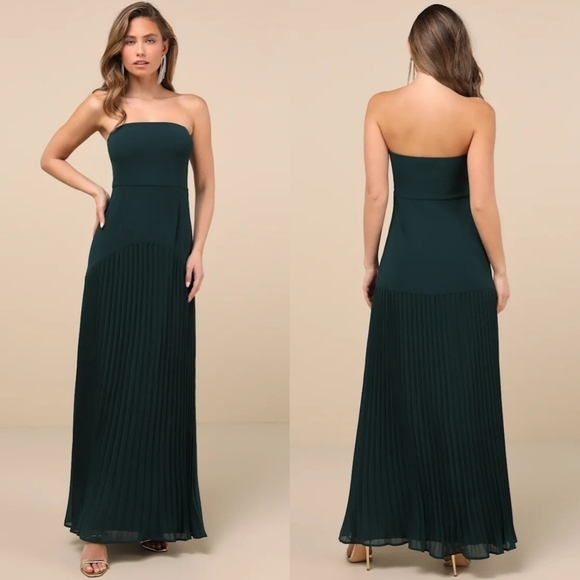 Lulus Dresses & Skirts - Lulus Celebratory Aesthetic Emerald Pleated Strapless Maxi Dress Wedding Party